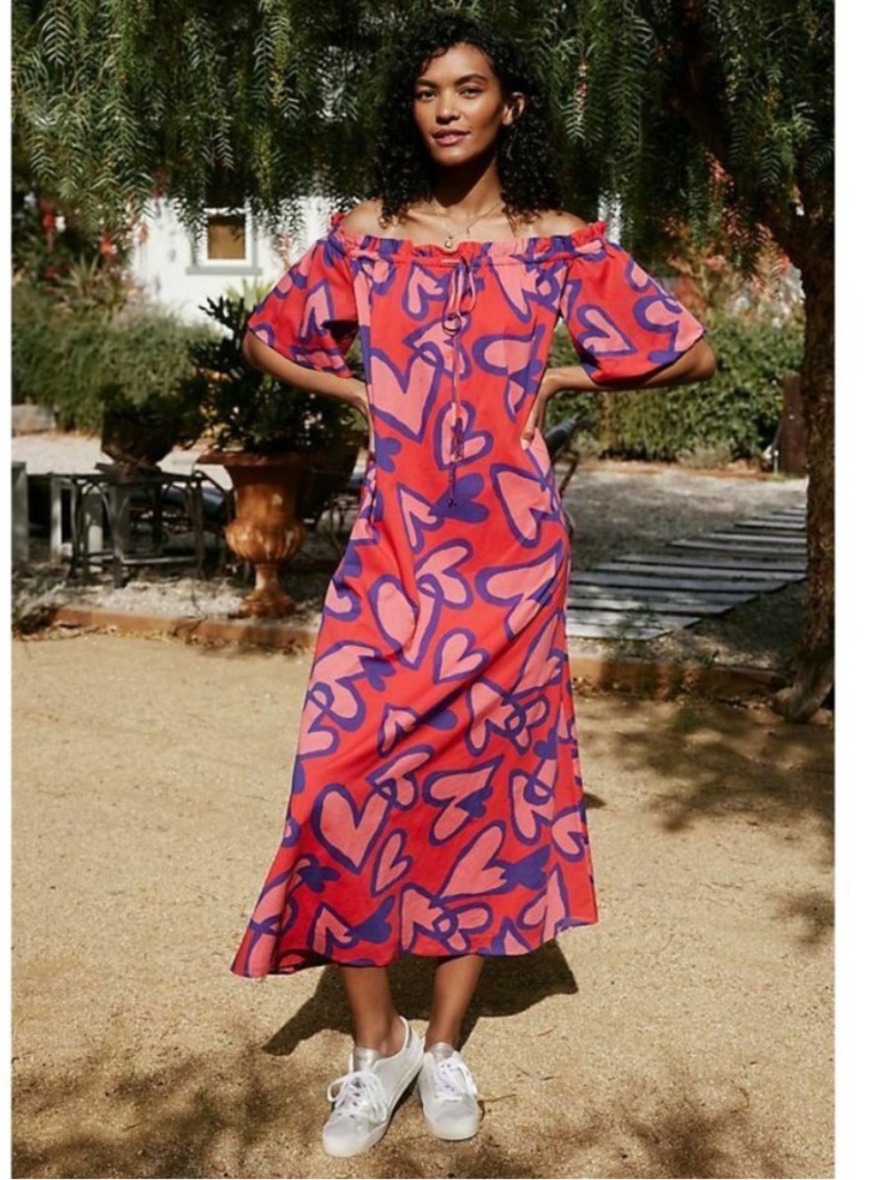 Farm Rio Anthropologie Amore Off Shoulder Dress  (one tassel is missing beads)